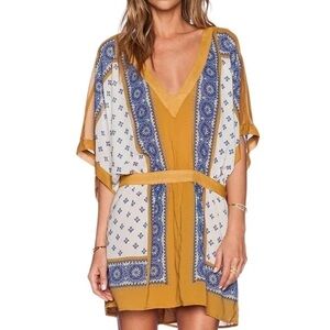 Free People Santa Cruz Kimono Dress Boho Print Tunic Mini Flowy Yellow Blue M